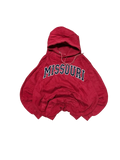 Premier Vintage red cotton blend pullover hoodie with navy blue "Missouri" text and white trim. Features a hood, drawstrings, and kangaroo pocket.