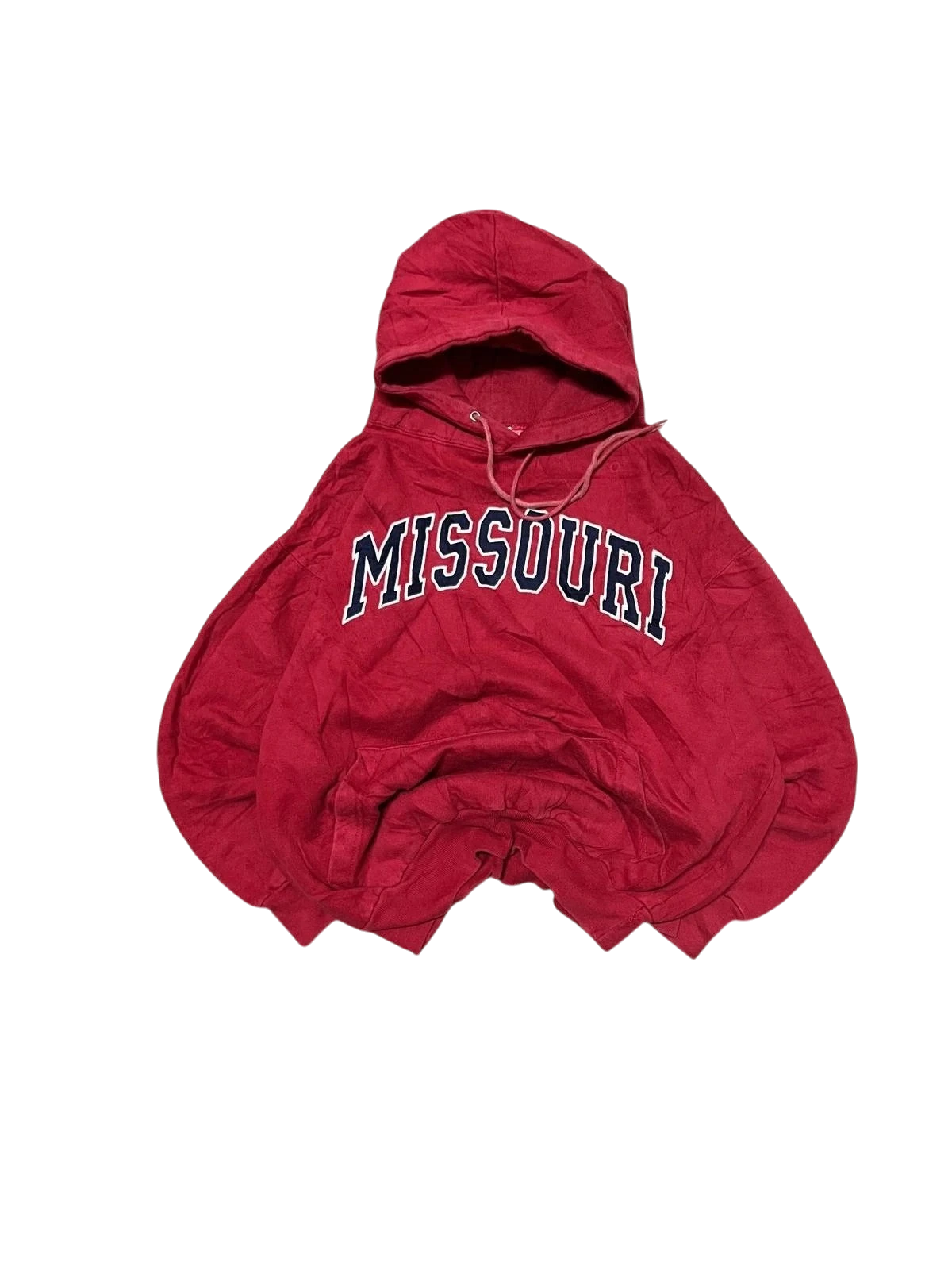 Premier Vintage red cotton blend pullover hoodie with navy blue "Missouri" text and white trim. Features a hood, drawstrings, and kangaroo pocket.