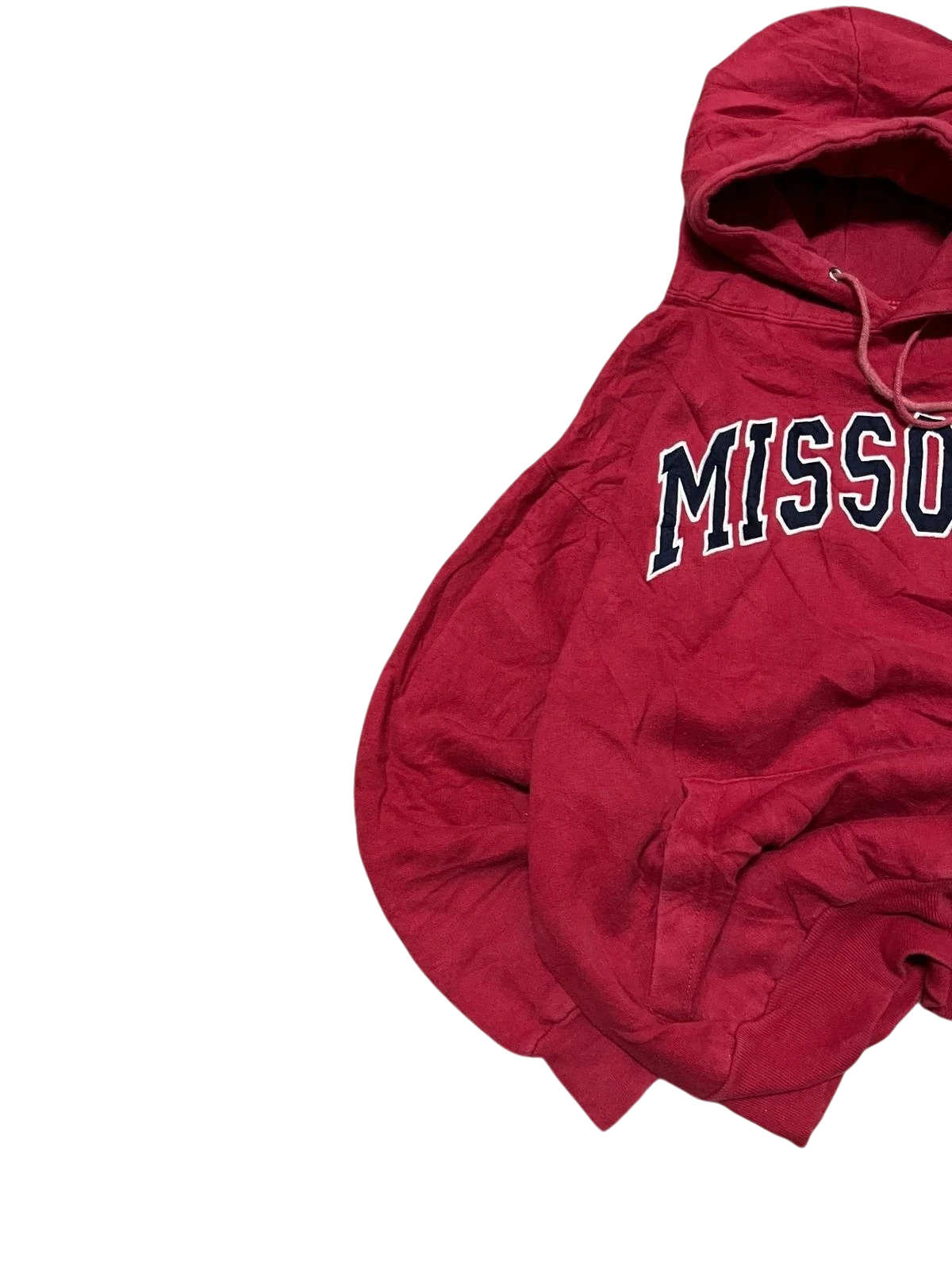 Premier Vintage red cotton blend hoodie with navy blue "Missouri" text and white trim. Features a hood, drawstrings, and kangaroo pocket.