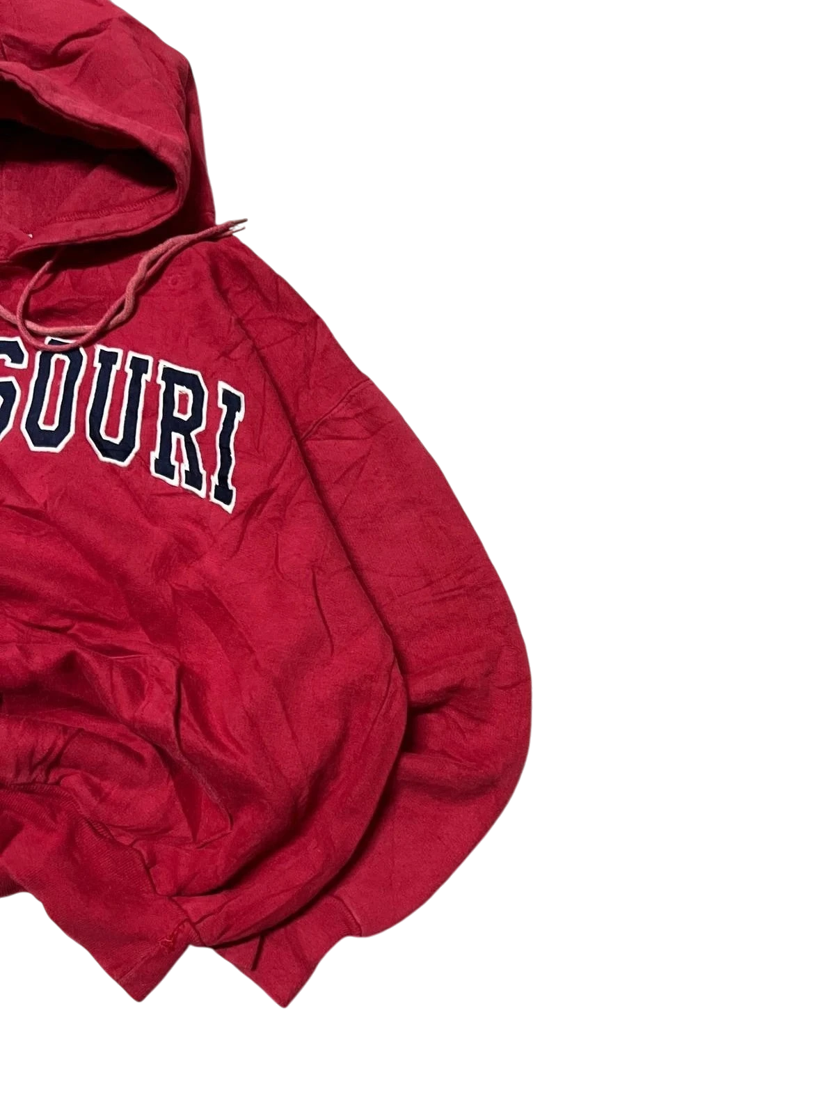 Premier Vintage red cotton blend hoodie with navy blue "Missouri" text and white trim. Features a hood, drawstrings, and kangaroo pocket.