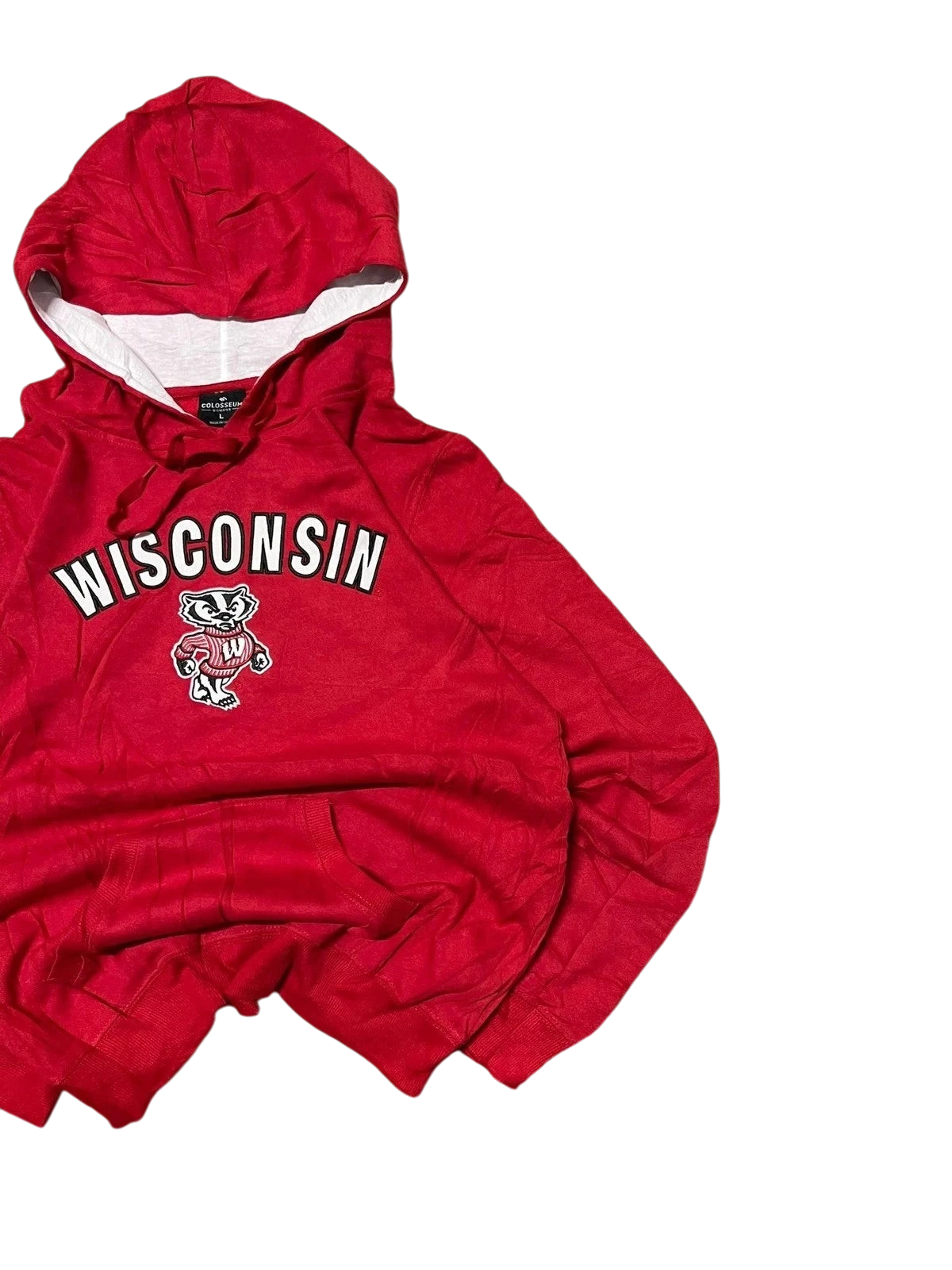 Premier Vintage red Wisconsin Badgers graphic hoodie with Bucky mascot and drawstring hood.