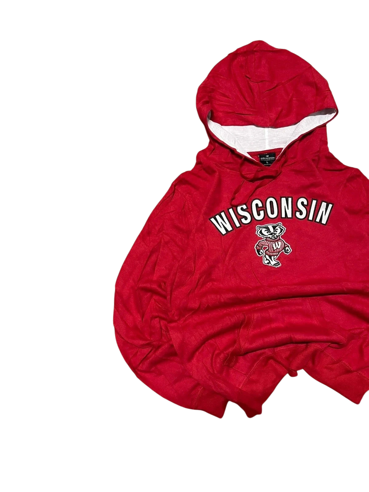 Premier Vintage red Wisconsin Badgers graphic hoodie with Bucky mascot and drawstring hood.