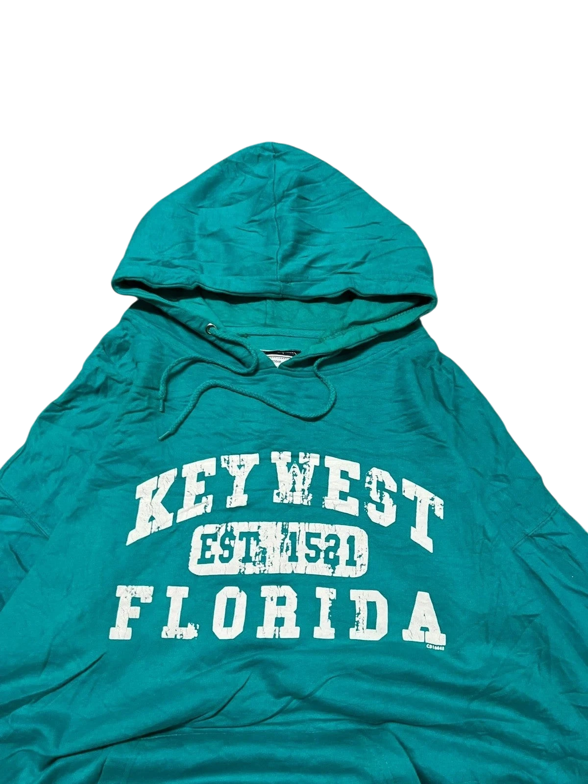 Premier Vintage teal graphic hoodie with "Key West Florida Est. 1521" print. Hood with drawstrings.