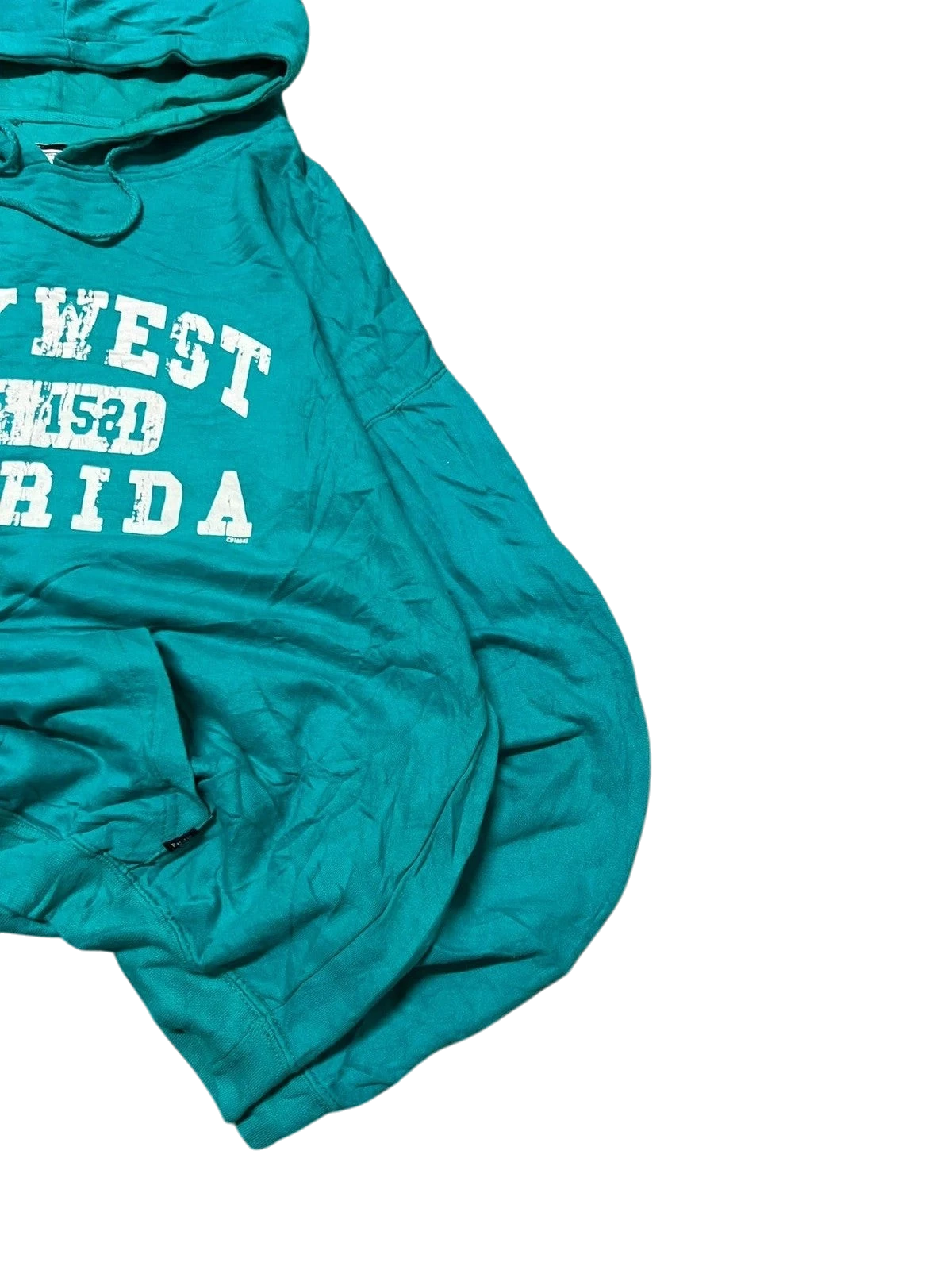 Premier Vintage teal graphic hoodie with "Key West Florida" text, relaxed fit, and hood with drawstrings.