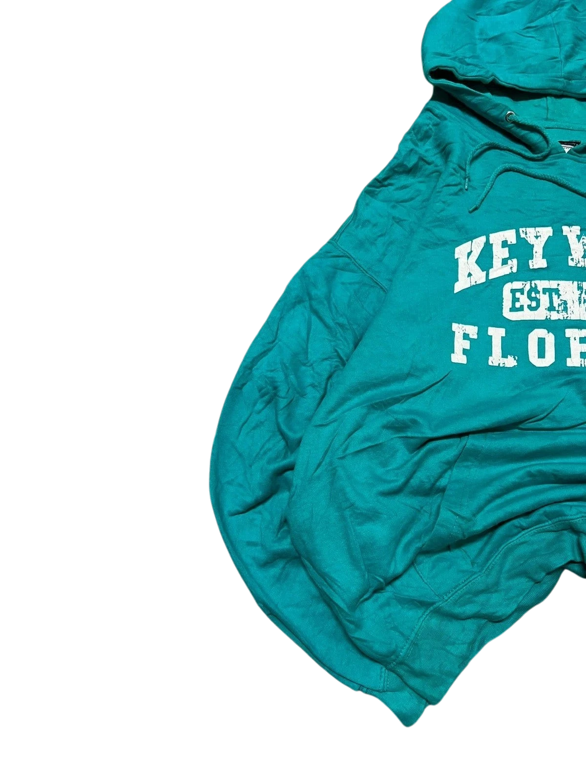 Premier Vintage teal graphic hoodie with "Key West Florida" text, relaxed fit, and adjustable drawstrings.