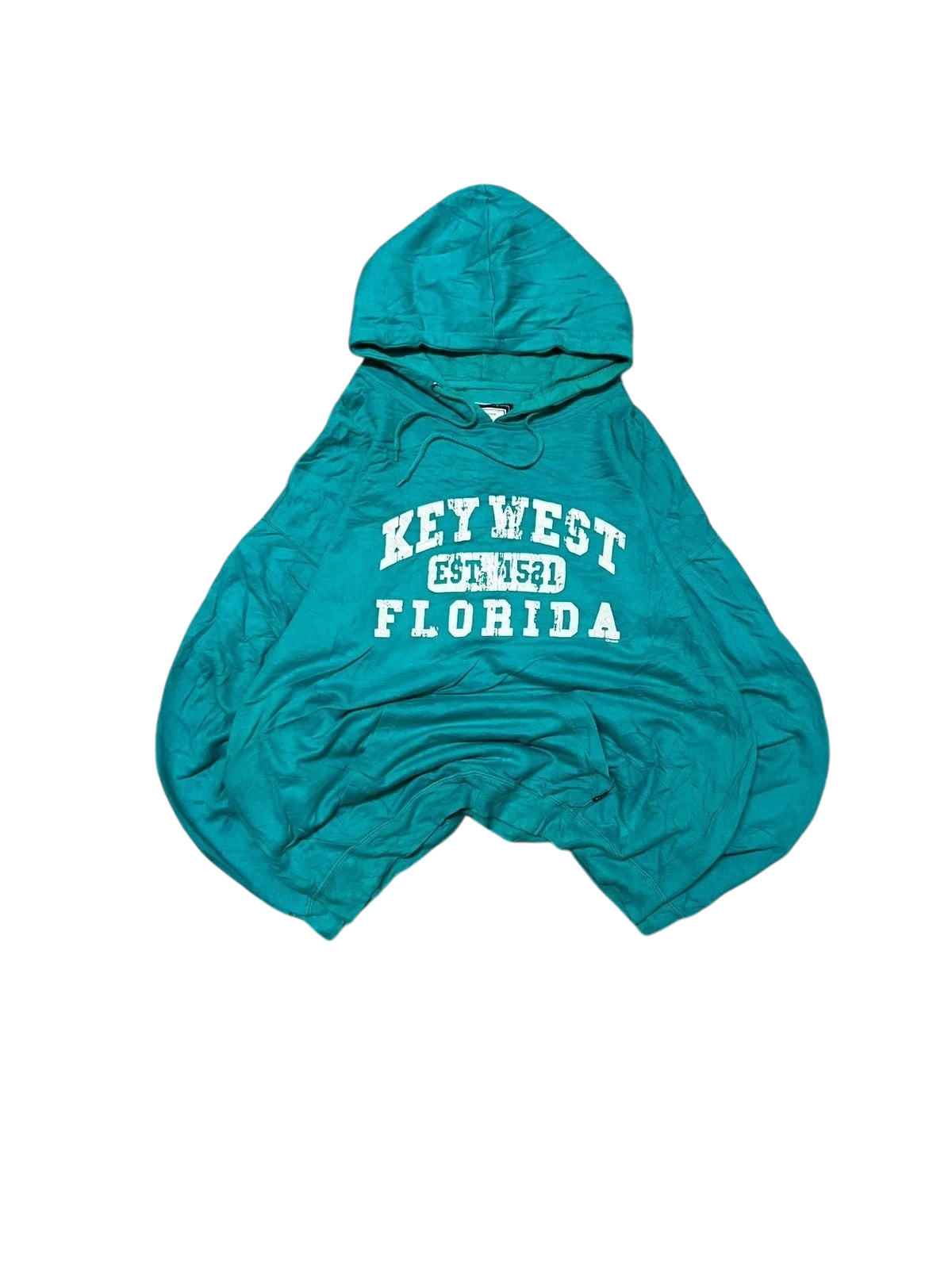 Premier Vintage teal graphic hoodie with "Key West Florida Est. 1952" text. Casual pullover with hood and drawstrings.