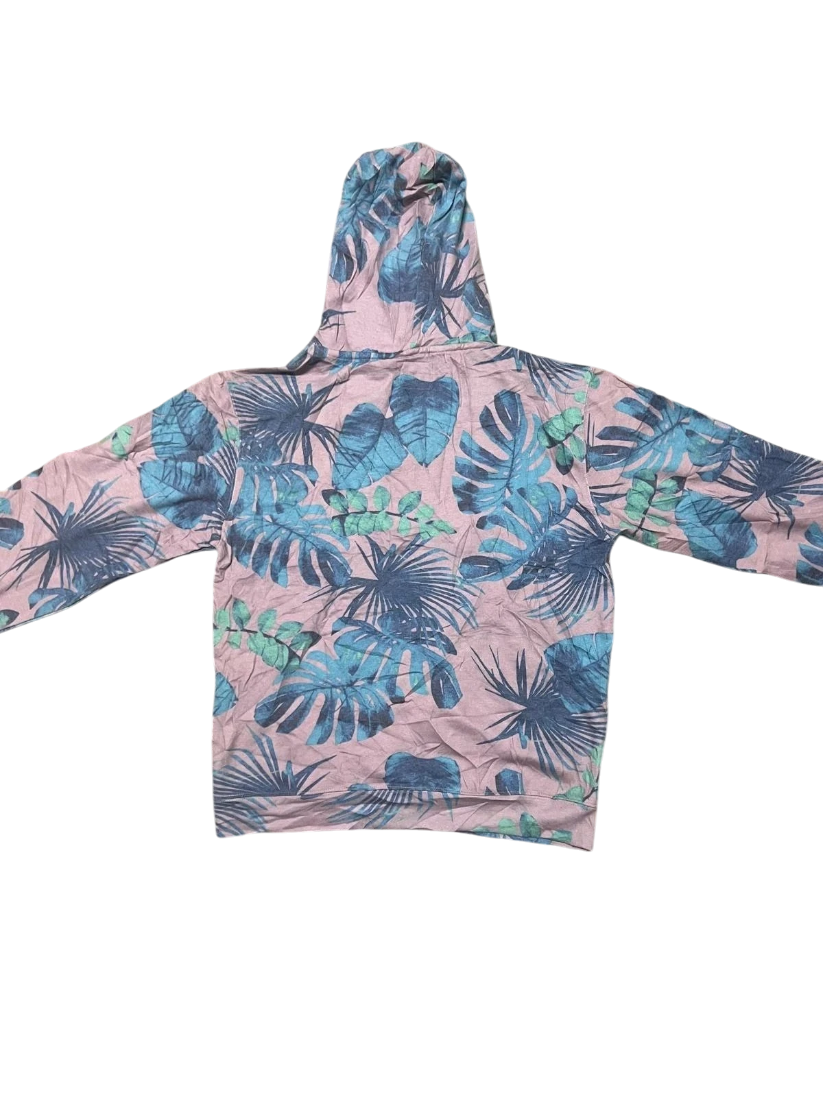 Premier Vintage Hollywood Beach tropical hoodie with pink, blue, and green palm leaf print. Relaxed fit, drawstring hood.