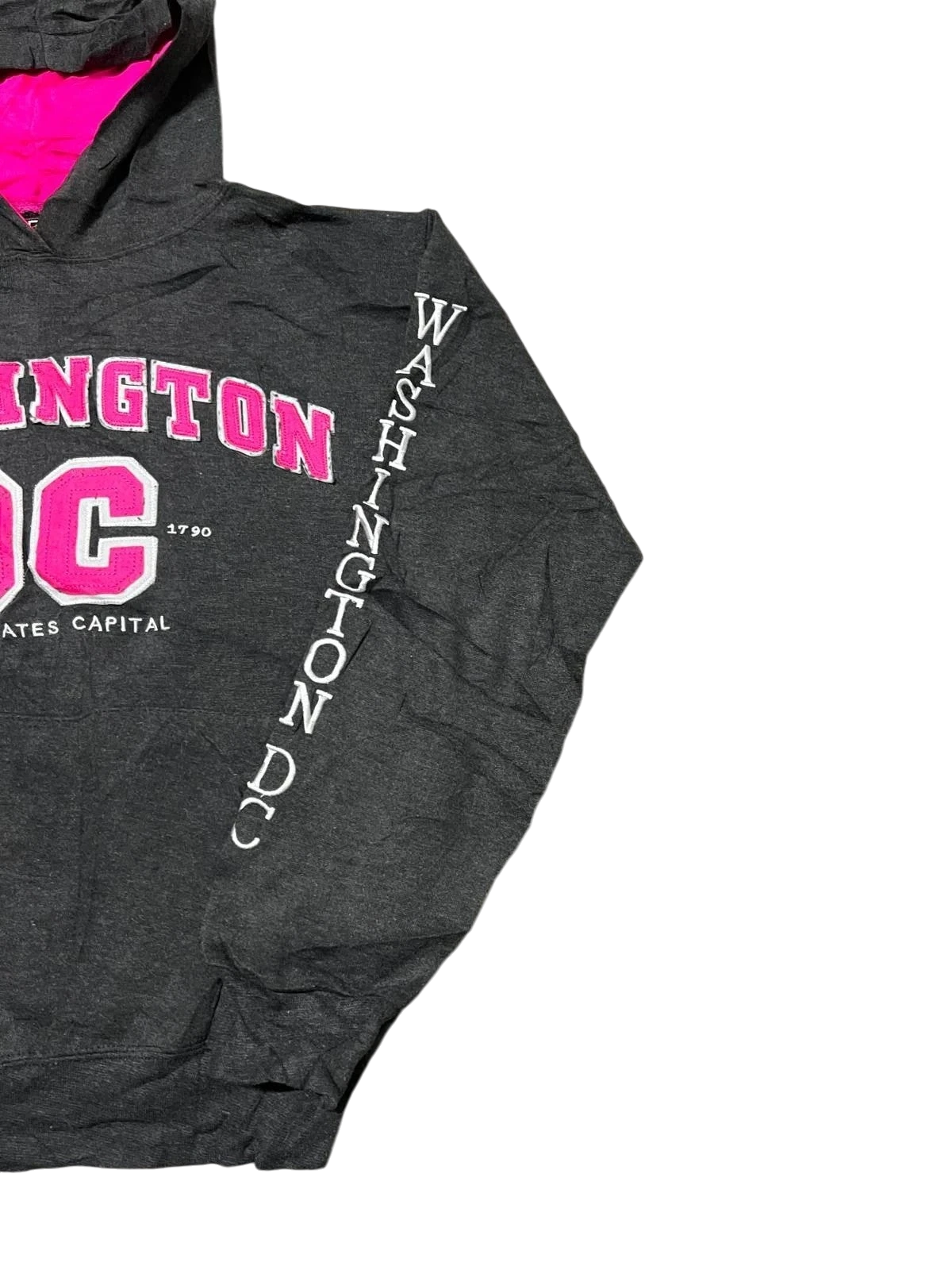 Premier Vintage dark grey hoodie with pink lining, featuring "WASHINGTON DC" and "UNITED STATES CAPITAL" text.