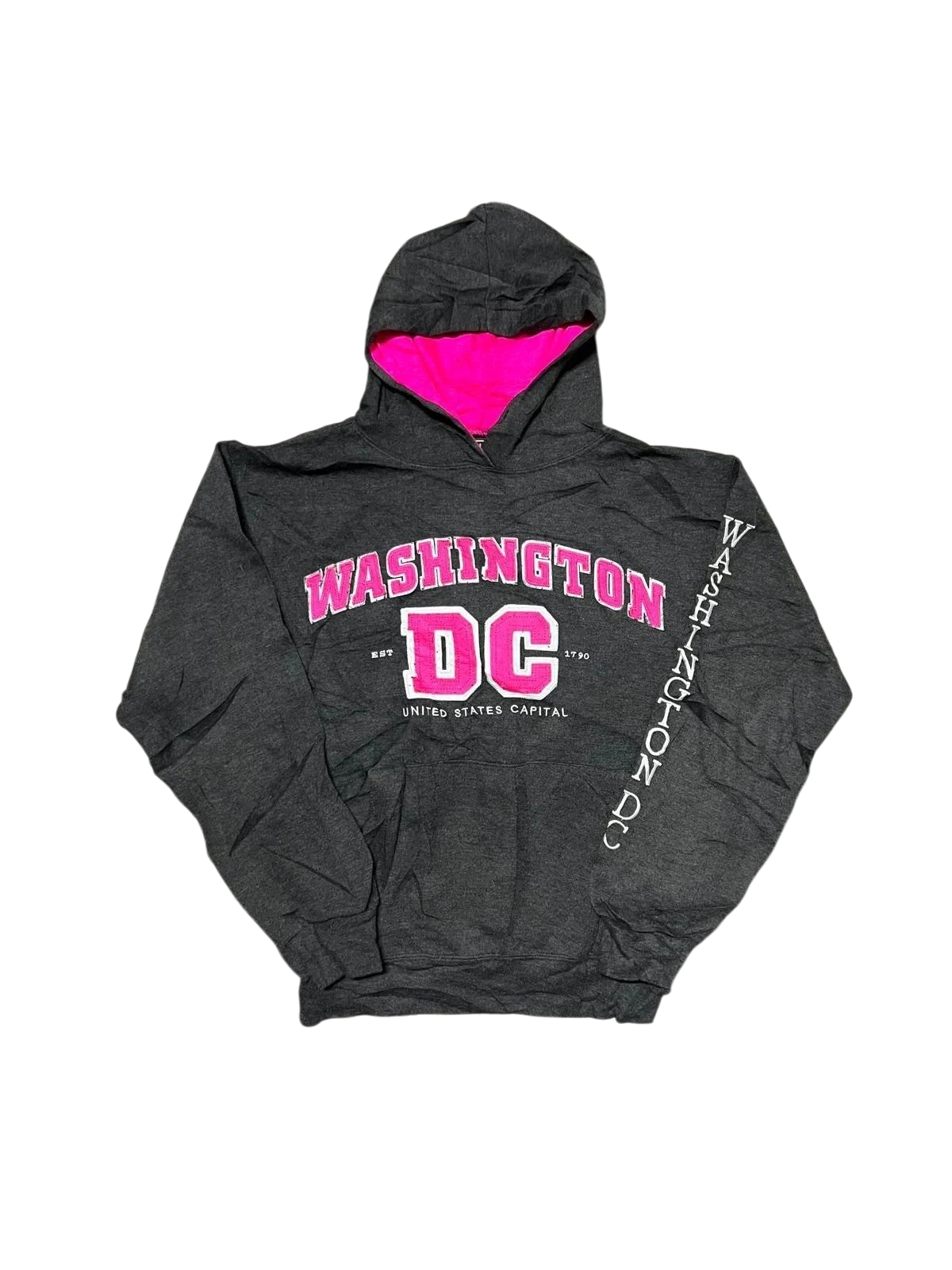 Premier Vintage dark grey hoodie with pink hood lining, featuring "WASHINGTON DC" and "UNITED STATES CAPITAL" text graphics.