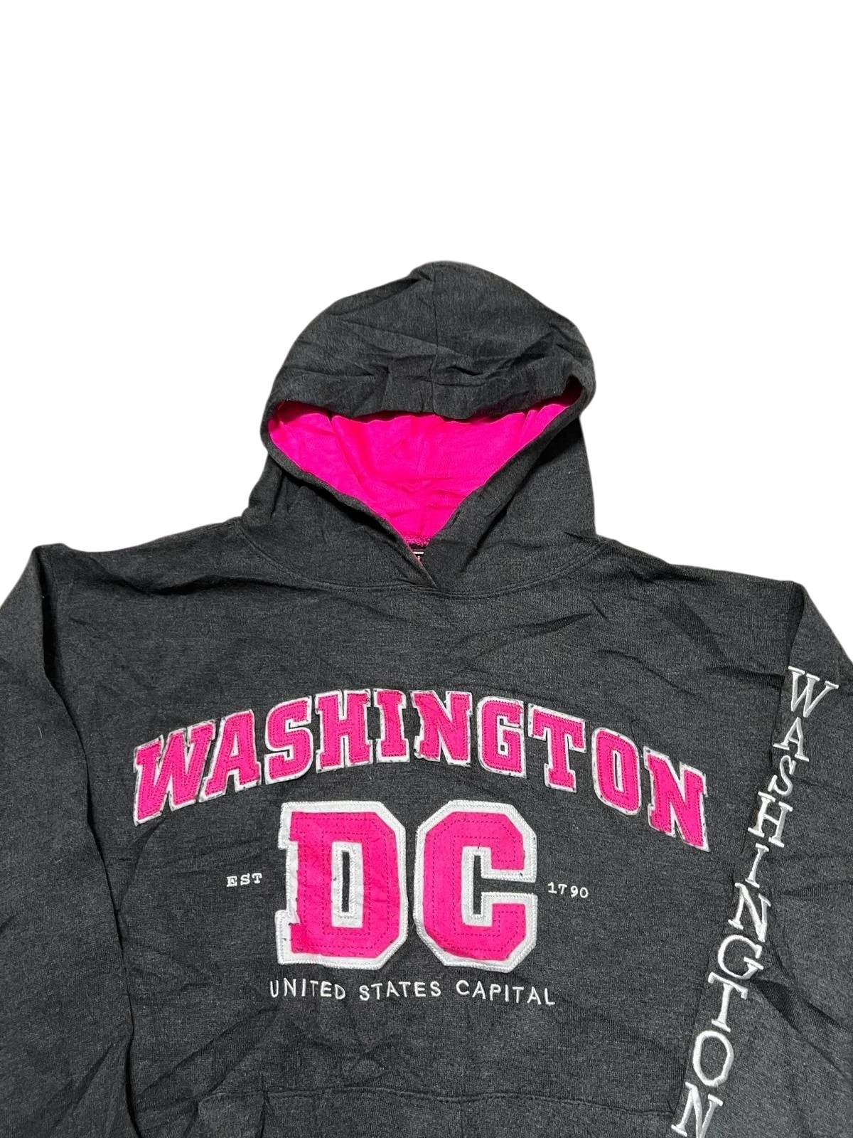 Premier Vintage dark grey hoodie with "WASHINGTON DC" across the chest and "UNITED STATES CAPITAL" below. Pink hood lining and sleeve text.