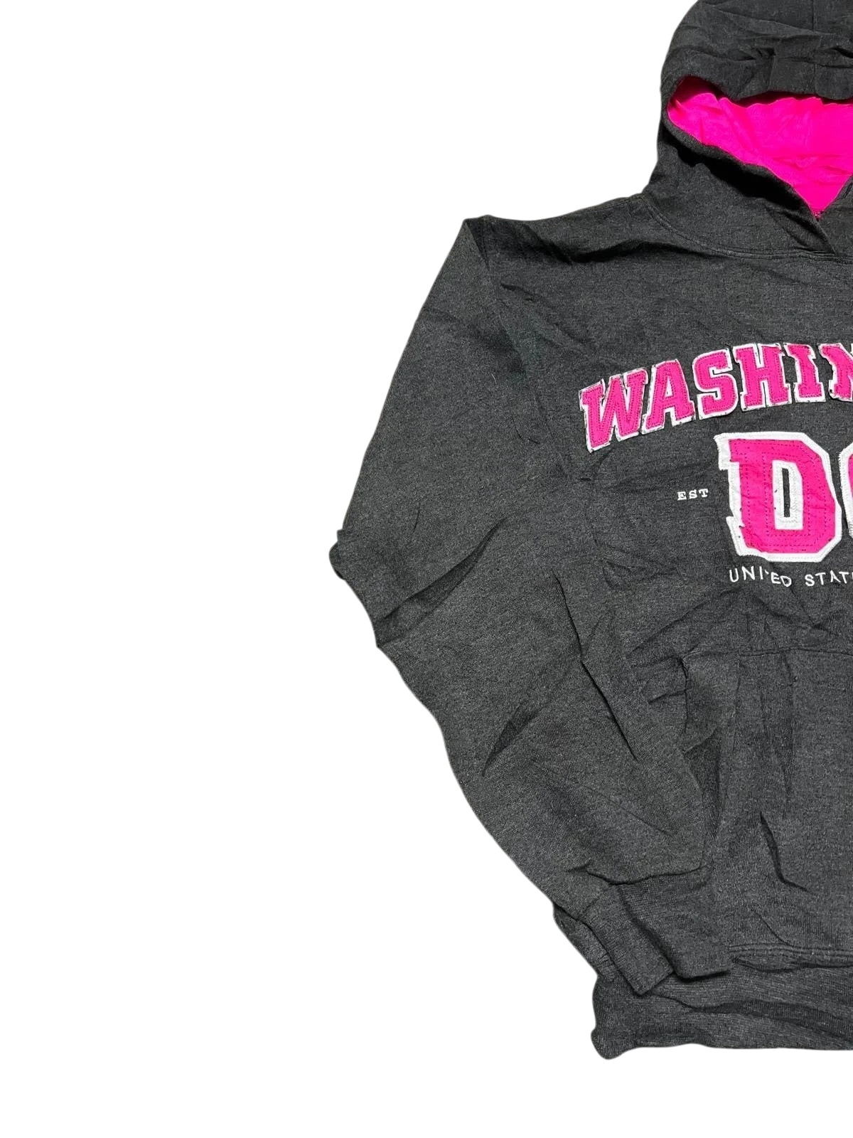 Premier Vintage dark grey hoodie with pink lining, featuring "WASHINGTON DC" and "UNITED STATES CAPITAL" text.