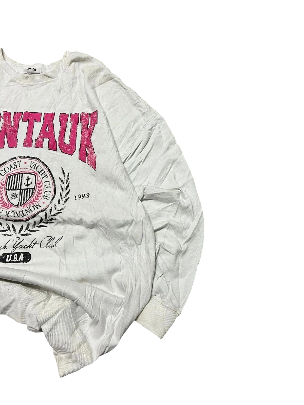 Premier Vintage white crewneck sweatshirt with pink Montauk graphic and yacht club crest. Long sleeves, classic fit.