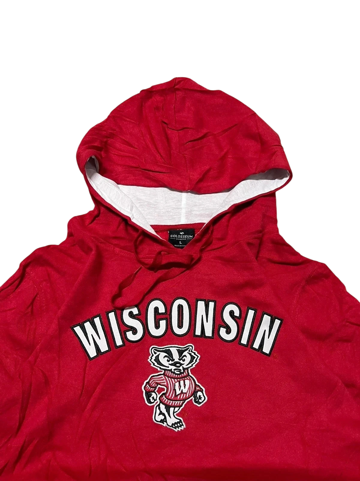 Premier Vintage red Wisconsin Badgers graphic hoodie with Bucky mascot and "WISCONSIN" text. Features drawstring hood and kangaroo pocket.