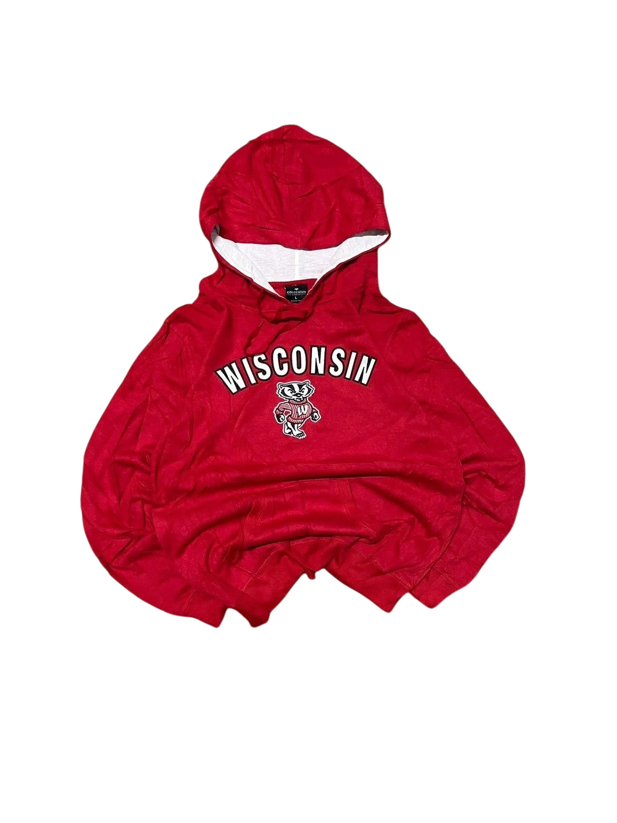 Premier Vintage red Wisconsin Badgers graphic hoodie with Bucky mascot and drawstring hood.