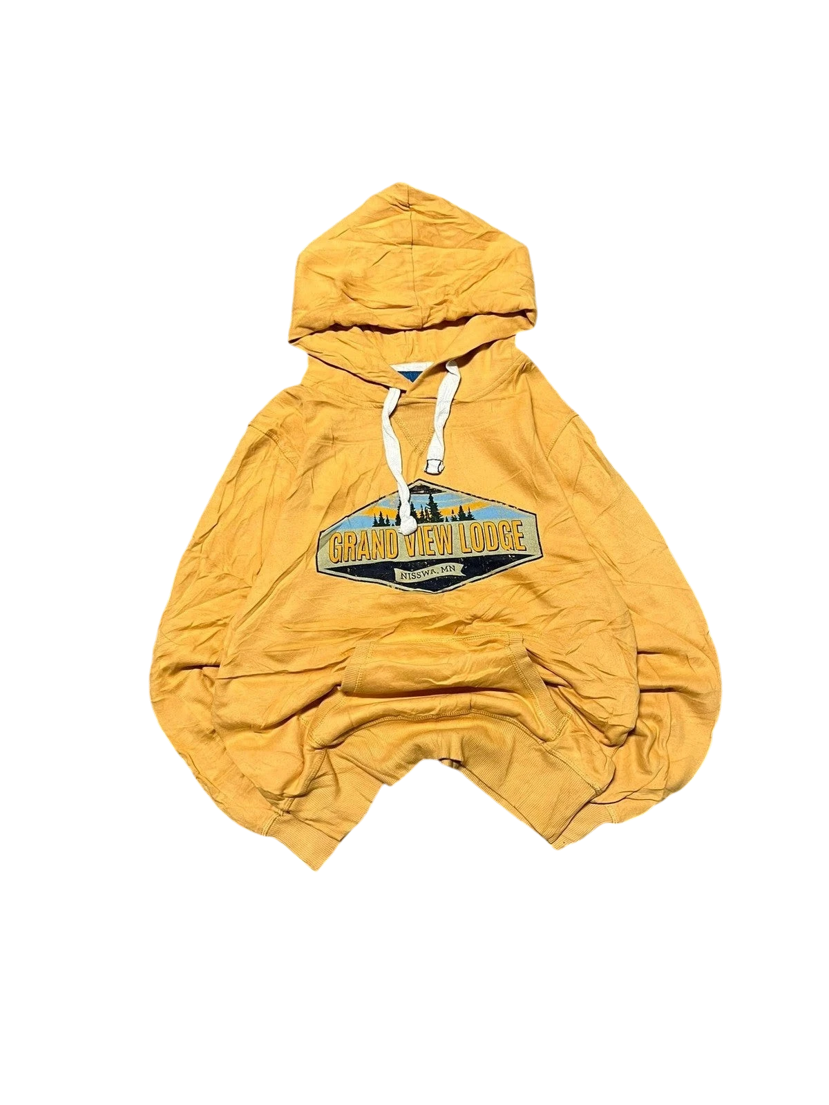 Premier Vintage yellow graphic hoodie with "Grand View Lodge" print, drawstring hood, and kangaroo pocket.