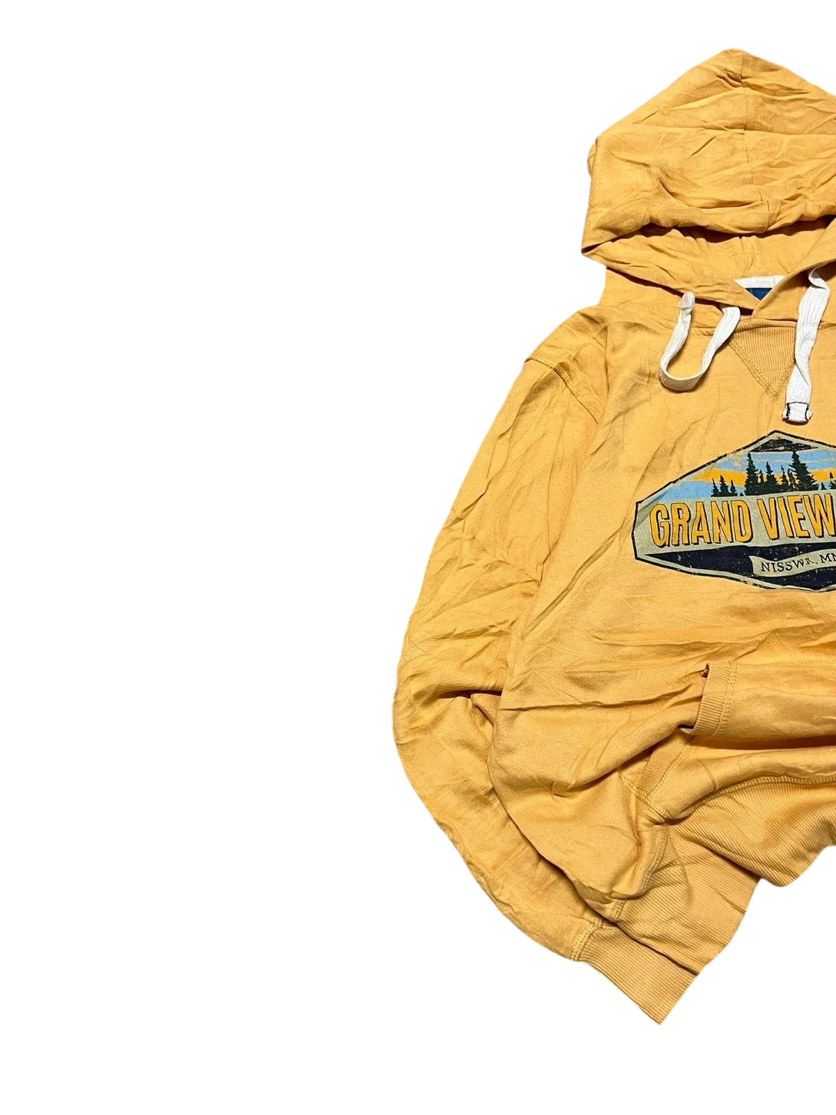 Premier Vintage yellow cotton hoodie with Grand View Lodge graphic and drawstring hood.