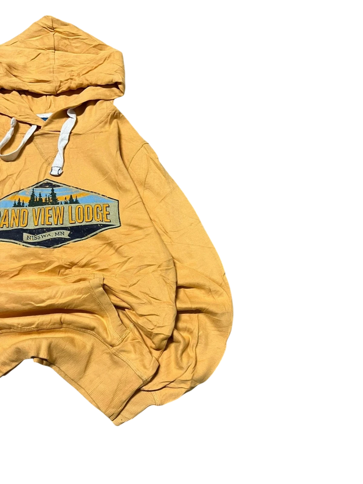 Premier Vintage yellow cotton hoodie with Grand View Lodge graphic and drawstring hood.