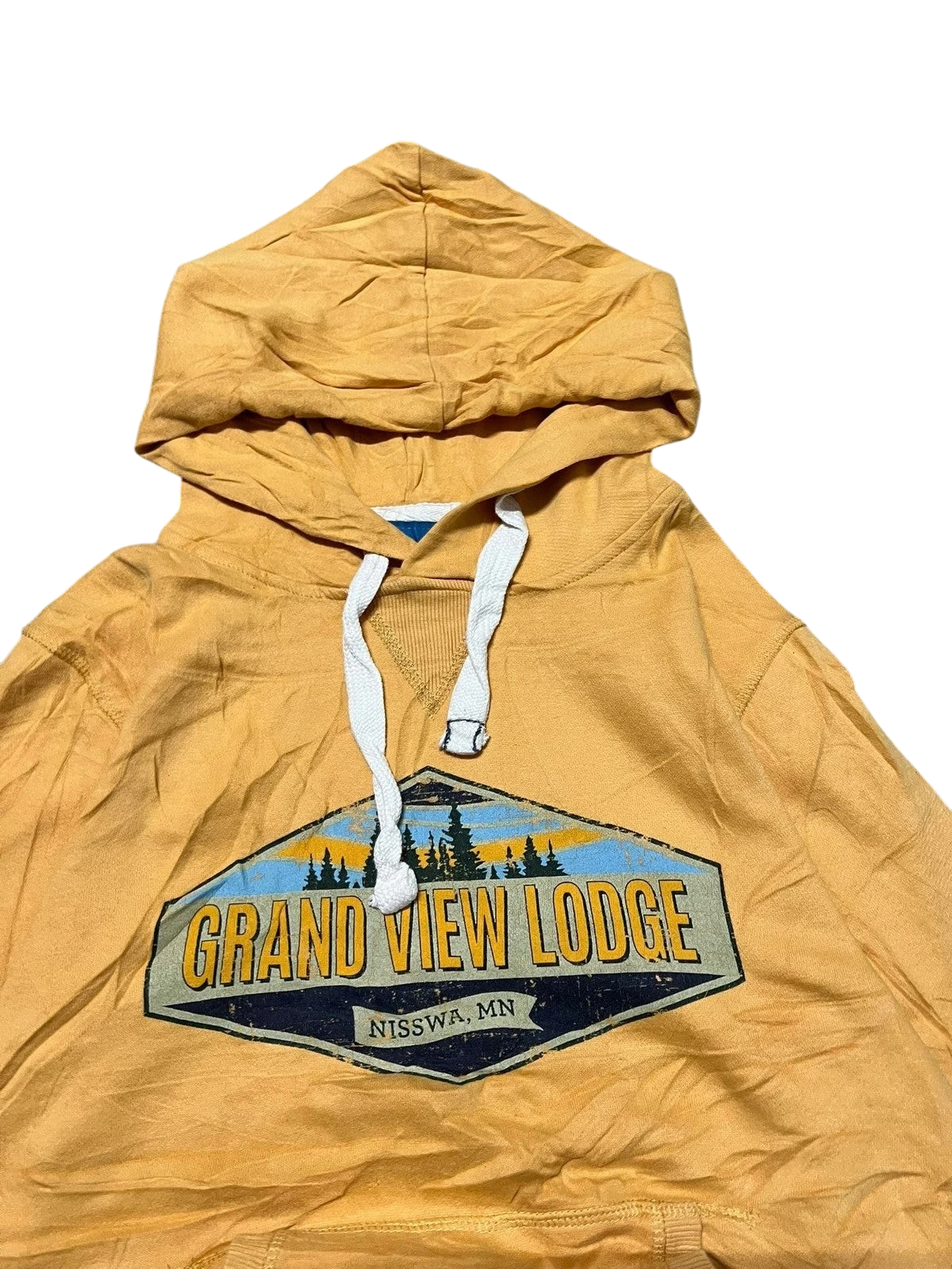 Premier Vintage yellow cotton hoodie with Grand View Lodge graphic, drawstring hood, and kangaroo pocket.